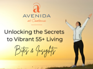 A person stands with arms raised at sunrise next to text promoting vibrant living and new homes for adults 55+ at Avenida in Centerra, Loveland Colorado.