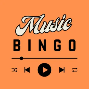 Orange graphic featuring "Music" in script, "Bingo" in bold letters, and music player icons below—shuffle, skip, play, and repeat. Perfect for Centerra events or new homes celebrations in Loveland, Colorado.