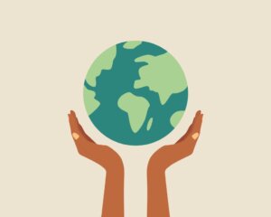 Illustration of two hands holding up a globe with green continents and blue oceans on a light beige background, inspired by the welcoming spirit of Centerra and new homes in Loveland, Colorado.