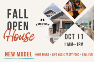 Fall Open House event flyer for Centerra in Loveland, Colorado on October 11, 11 AM–1 PM. Explore beautiful new homes with guided tours, enjoy live music, delicious food, festive fall activities, and engaging images of a house and people carving pumpkins.