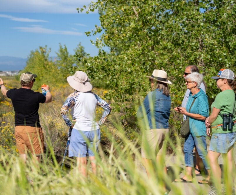 A group of six adults stand outdoors on a sunny day, some wearing hats and sunglasses, looking at something being pointed out along a path surrounded by greenery.