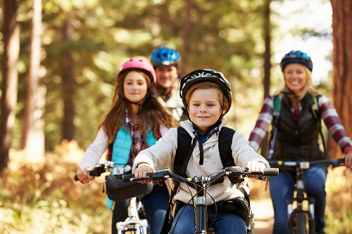 Family mountain biking on forest trail, front view, close-up